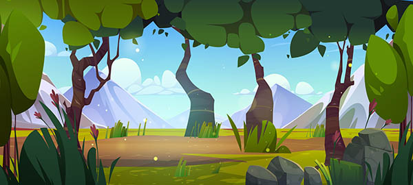 green field in forest landscape vector background